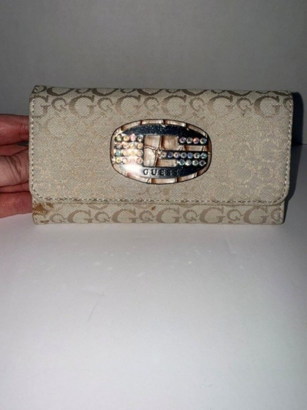 GUESS Signature Monogram Continental Wallet | Rhinestone Logo | Beige